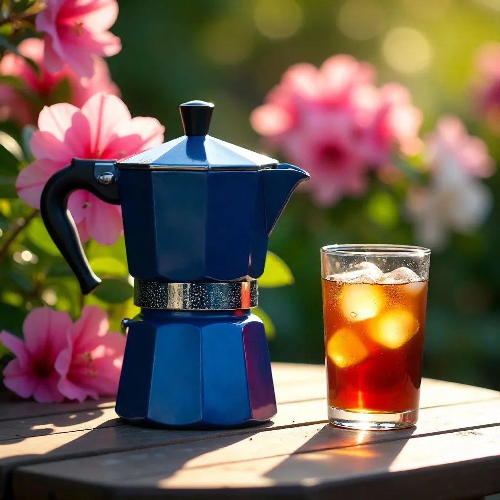 Elegant Blue Moka Pot with Iced Coffee and Sunlit Azaleas