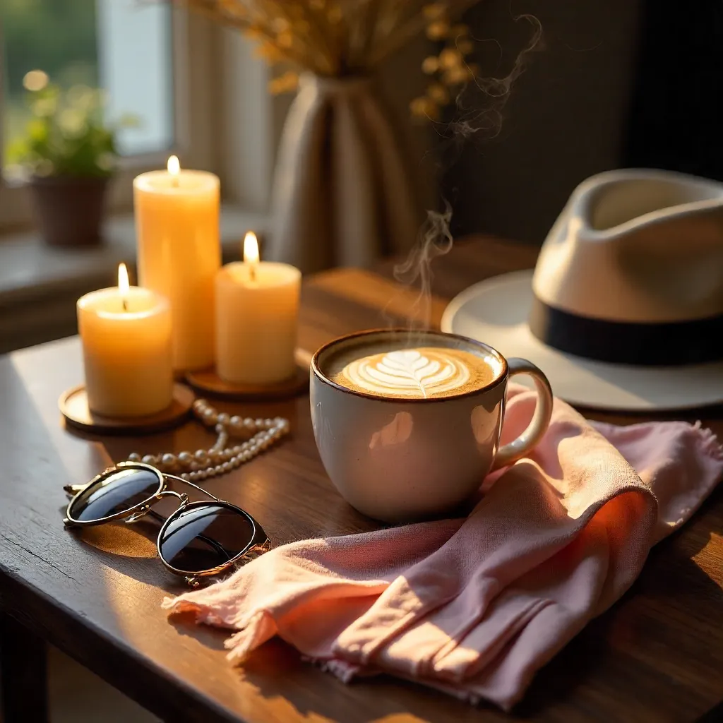 Cozy Coffee Still Life with Candles and Fashion