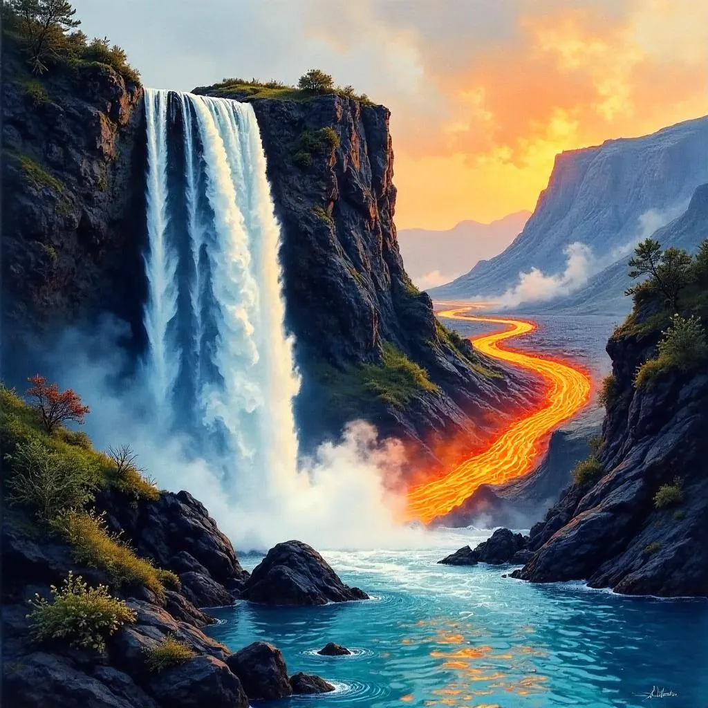 Watercolor Waterfall Beside a Lava Flow