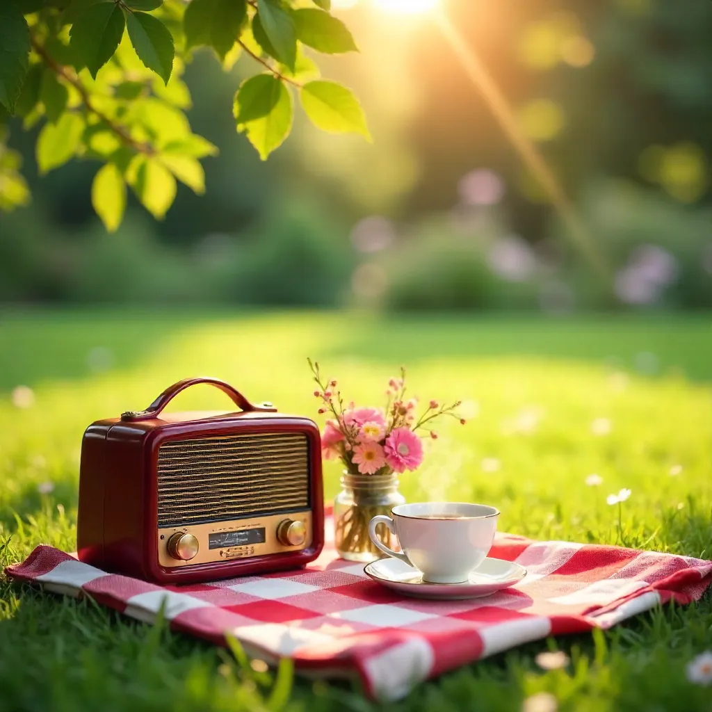 Sunlit Vintage Picnic: Tea, Radio, and Flowers