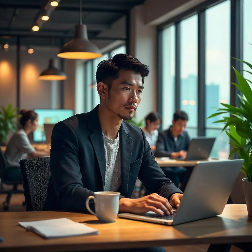 Handsome Asian Man in a Modern Coworking Space — Concept Art