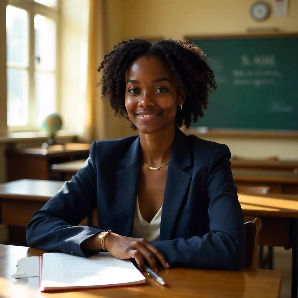Elegant Black Girl Student in a Photorealistic Classroom