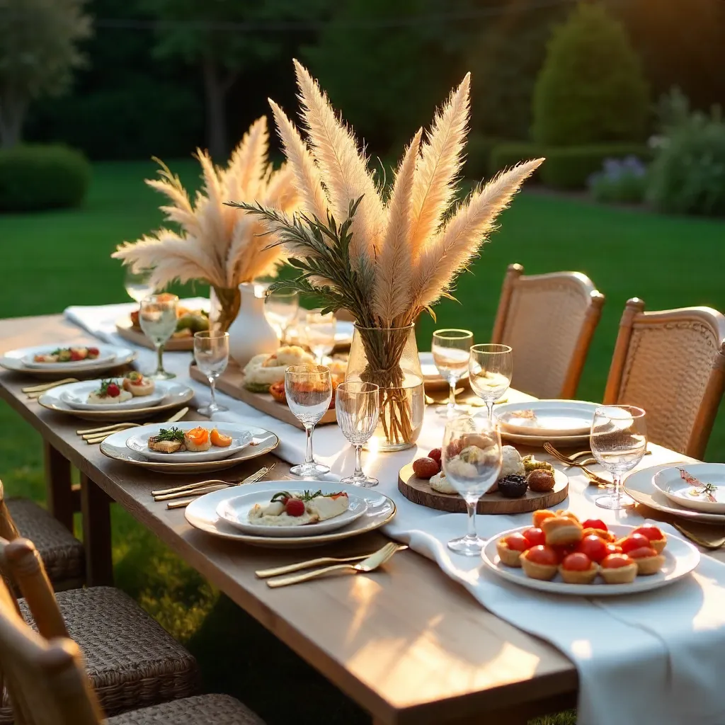 Elegant Outdoor Table Setting with Appetizers and Dried Florals