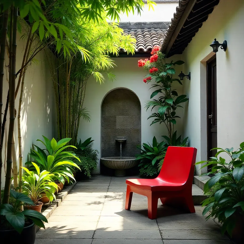 A Tranquil Hanoi Courtyard with a Red Chair