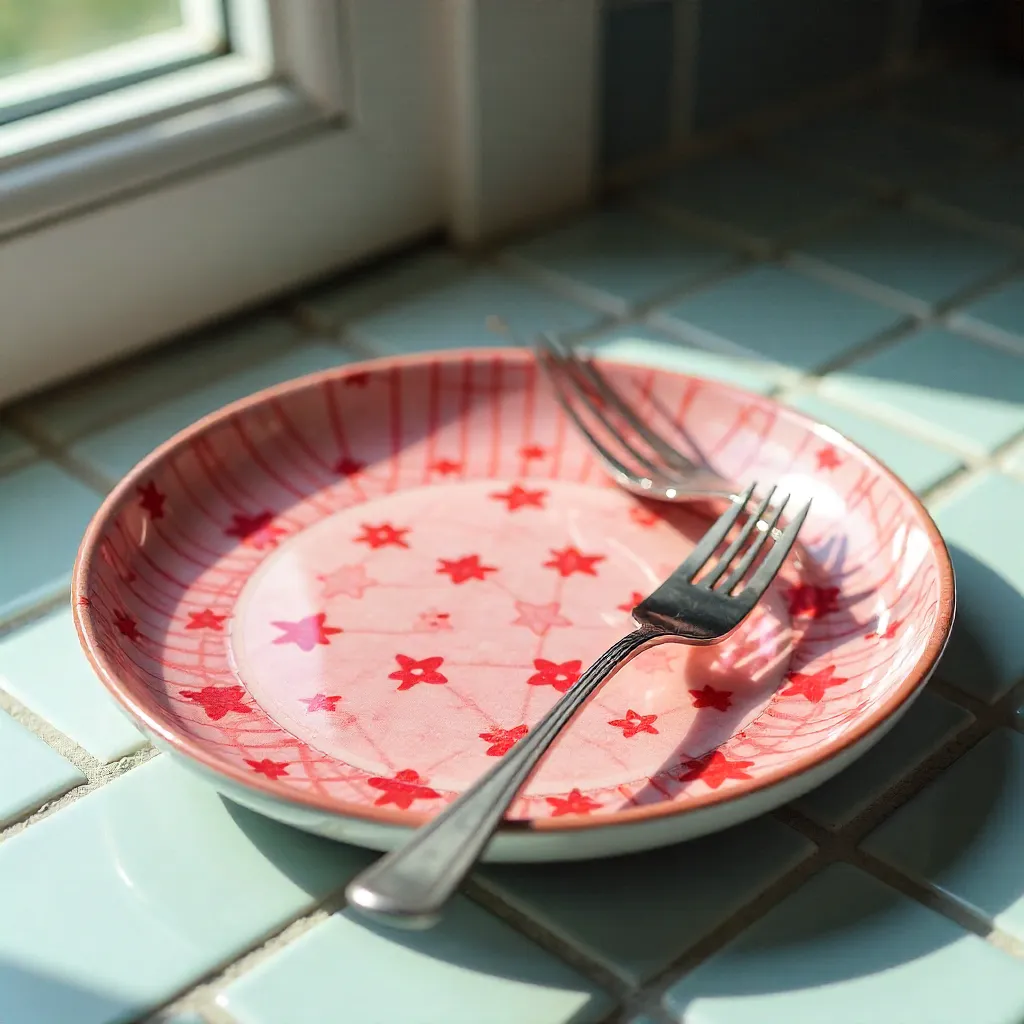 Pink Ceramic Plate with Red Checkered Pattern on Tiles