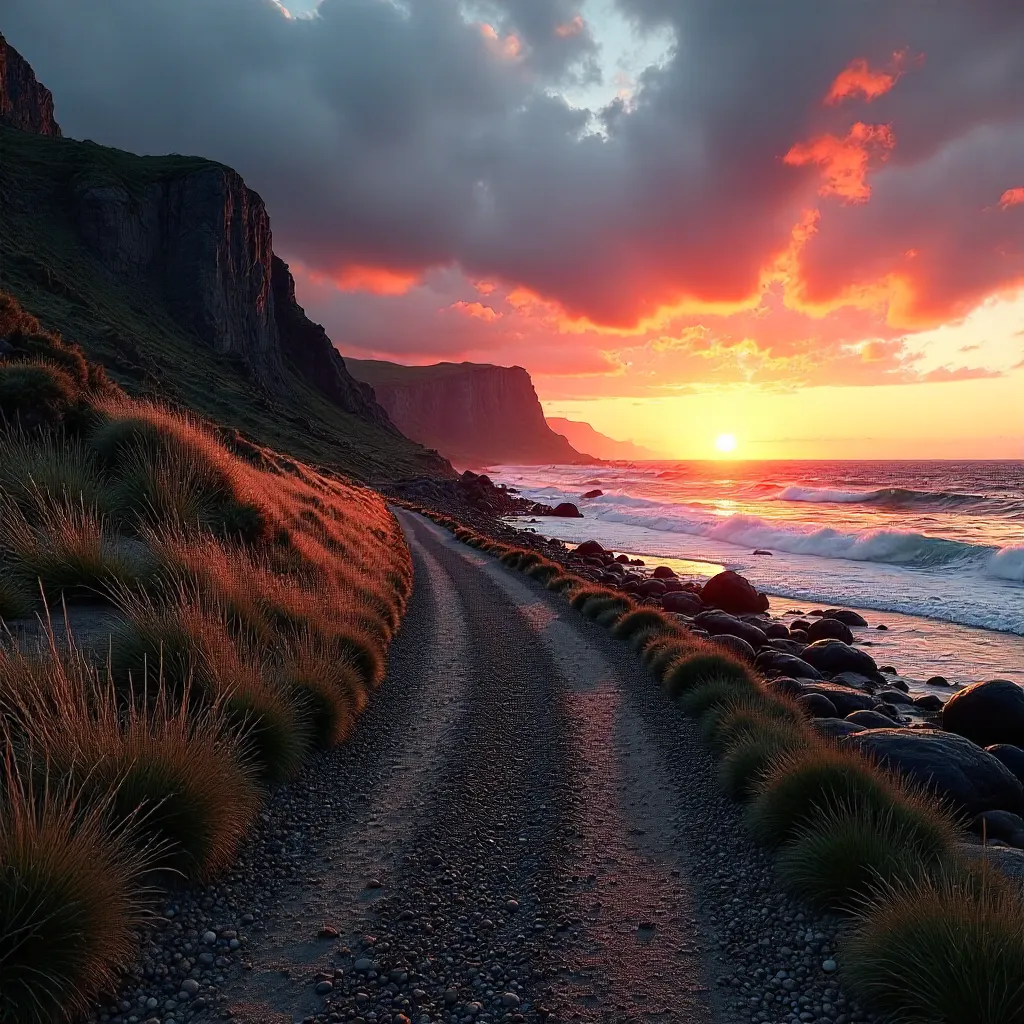 Sunset Path to Rugged Coastal Cliffs