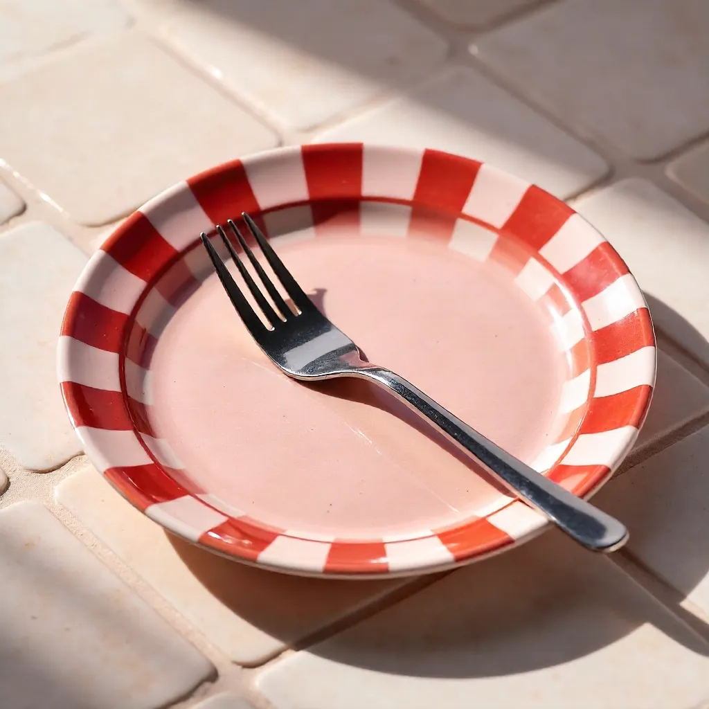 Pink Ceramic Plate with Red Checkered Pattern and Fork