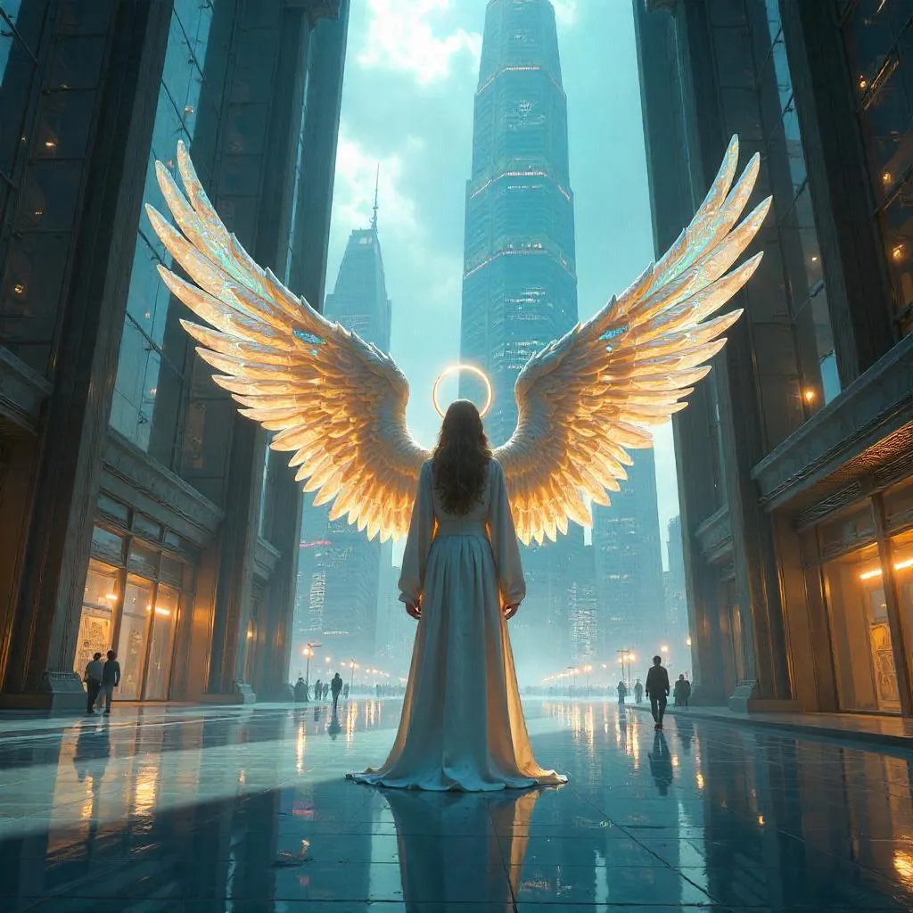 Angel Concept Art Inside a Futuristic Skyscraper