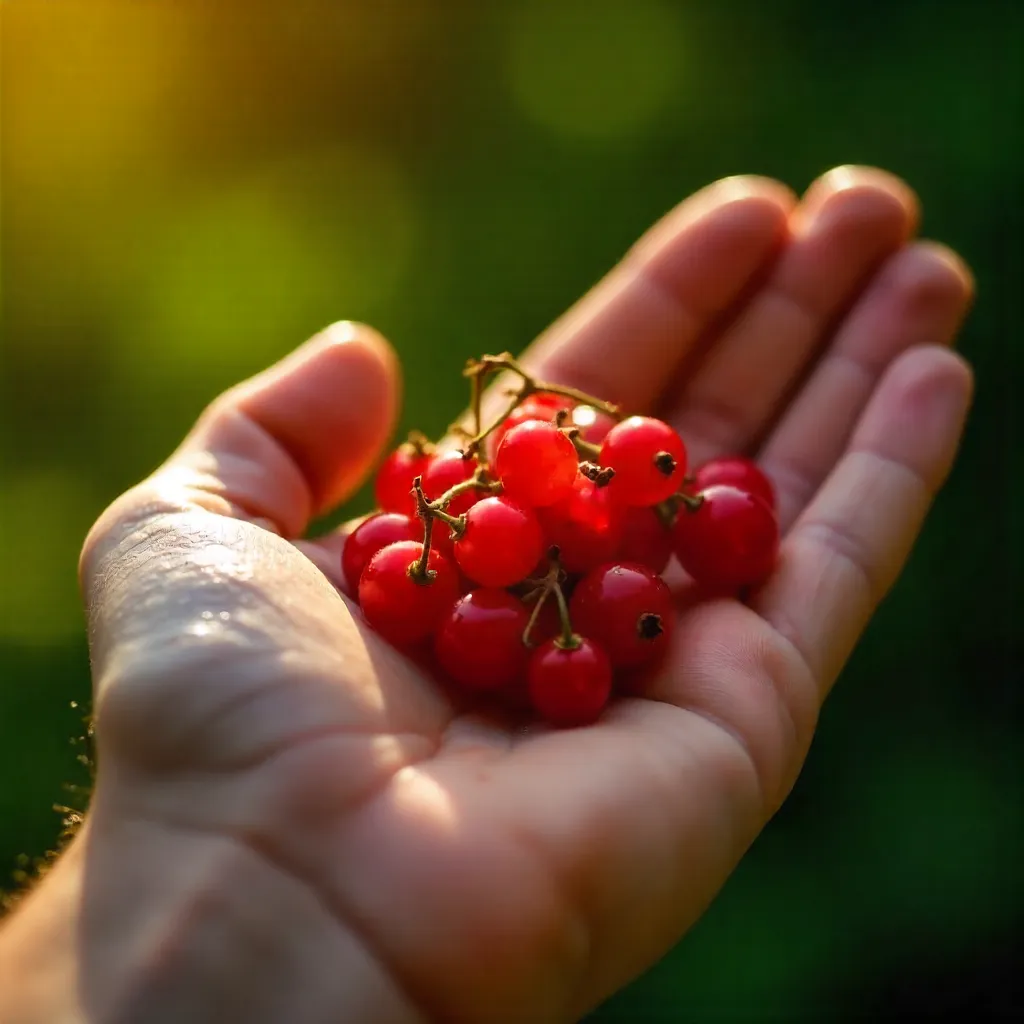 Macro shot: Red currants resting in a sunlit hand