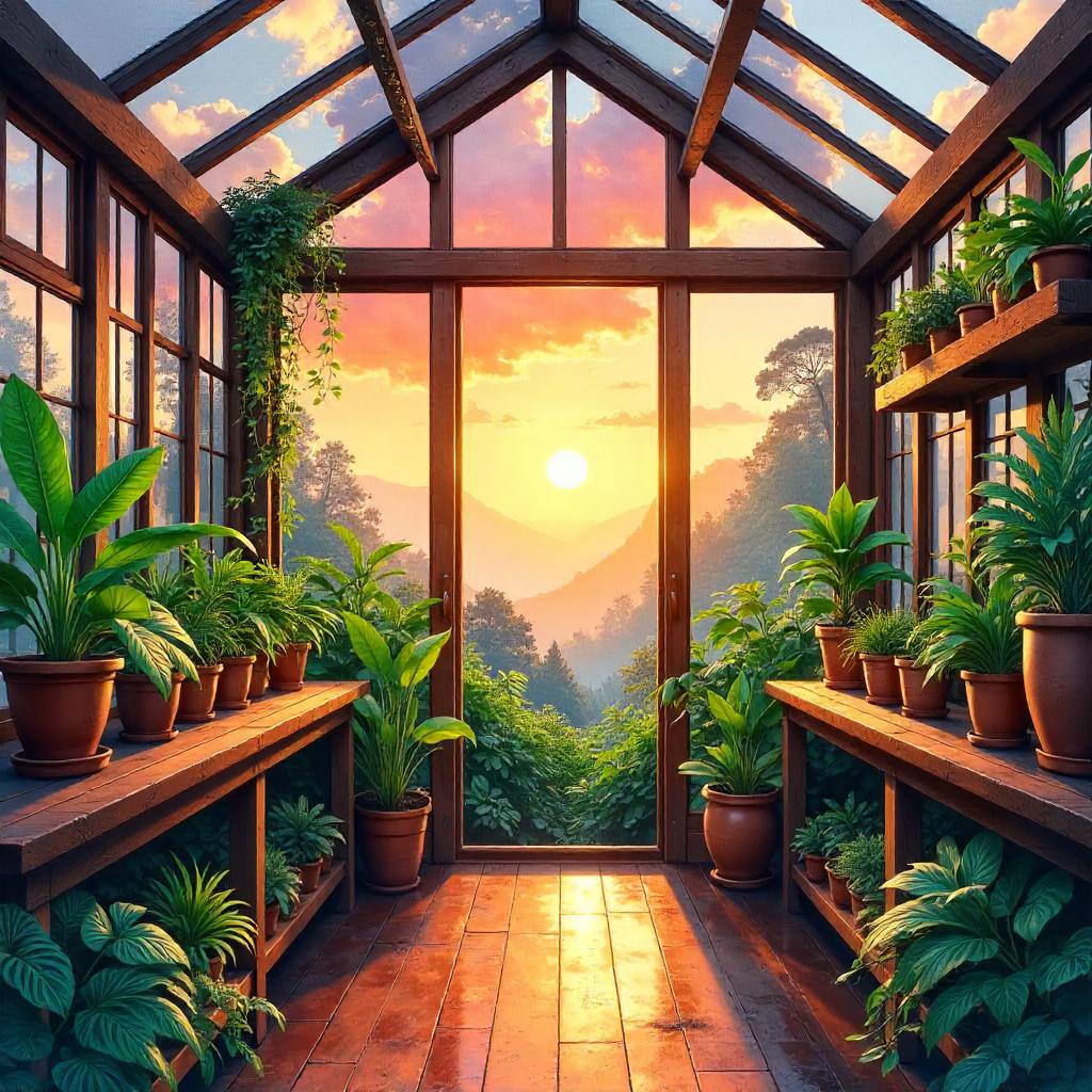 Sunset in a Watercolor Greenhouse
