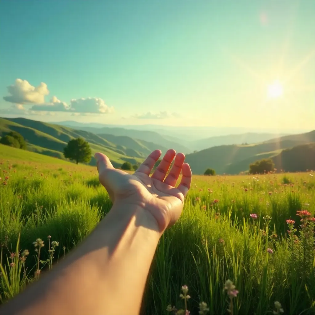 Solitary Hand Reaching Toward Freedom in Green Landscape