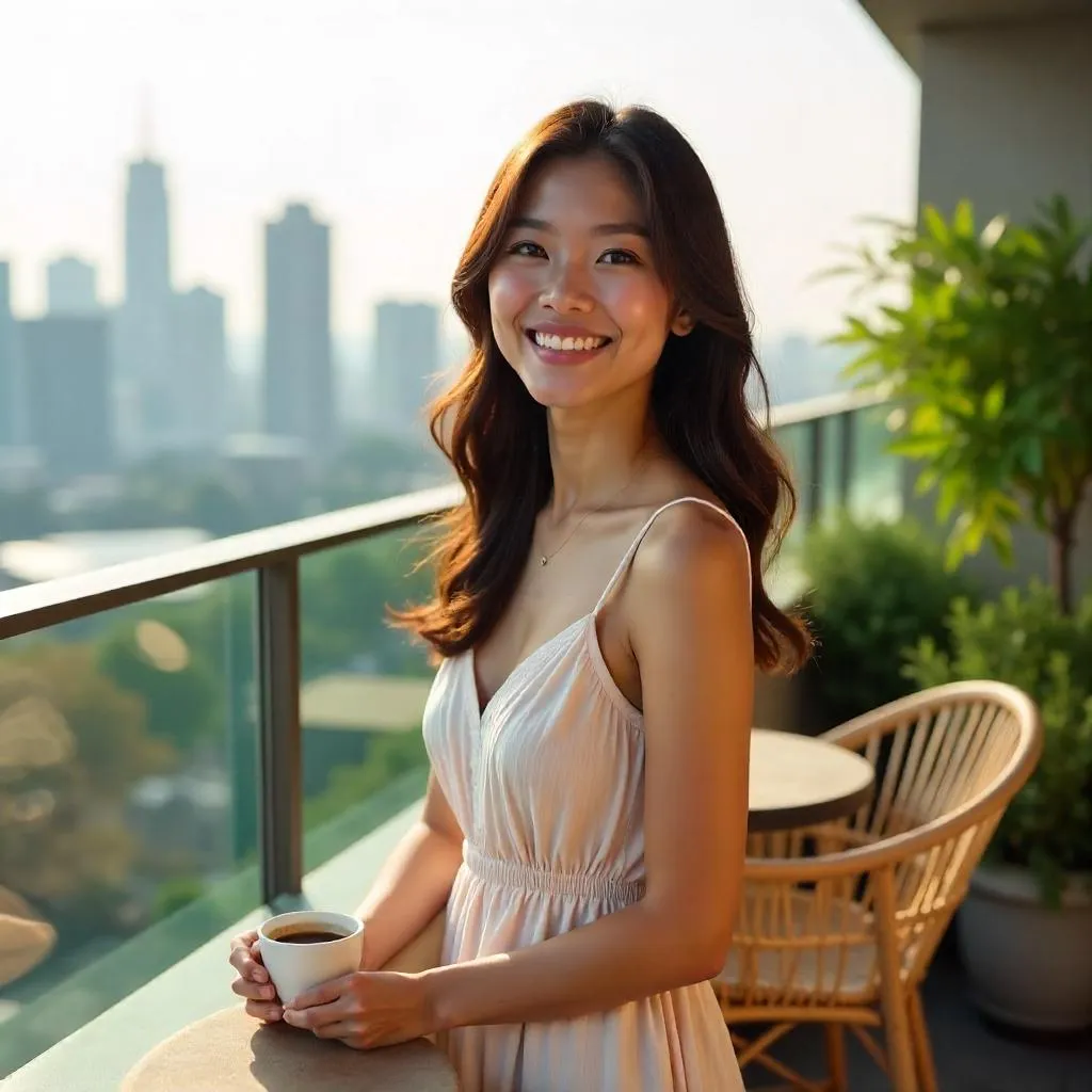 Cheerful Asian Woman on a Sunlit Rooftop Terrace
