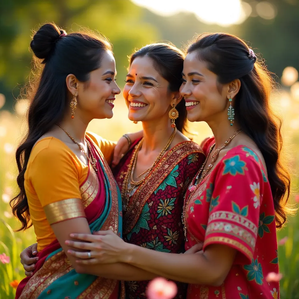 Three Women Embrace in Colorful Traditional Attire Outdoors