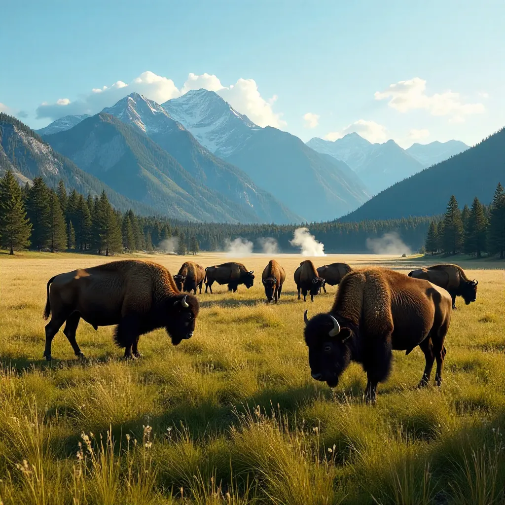 Bison Grazing in Yellowstone's Mountain Backdrop