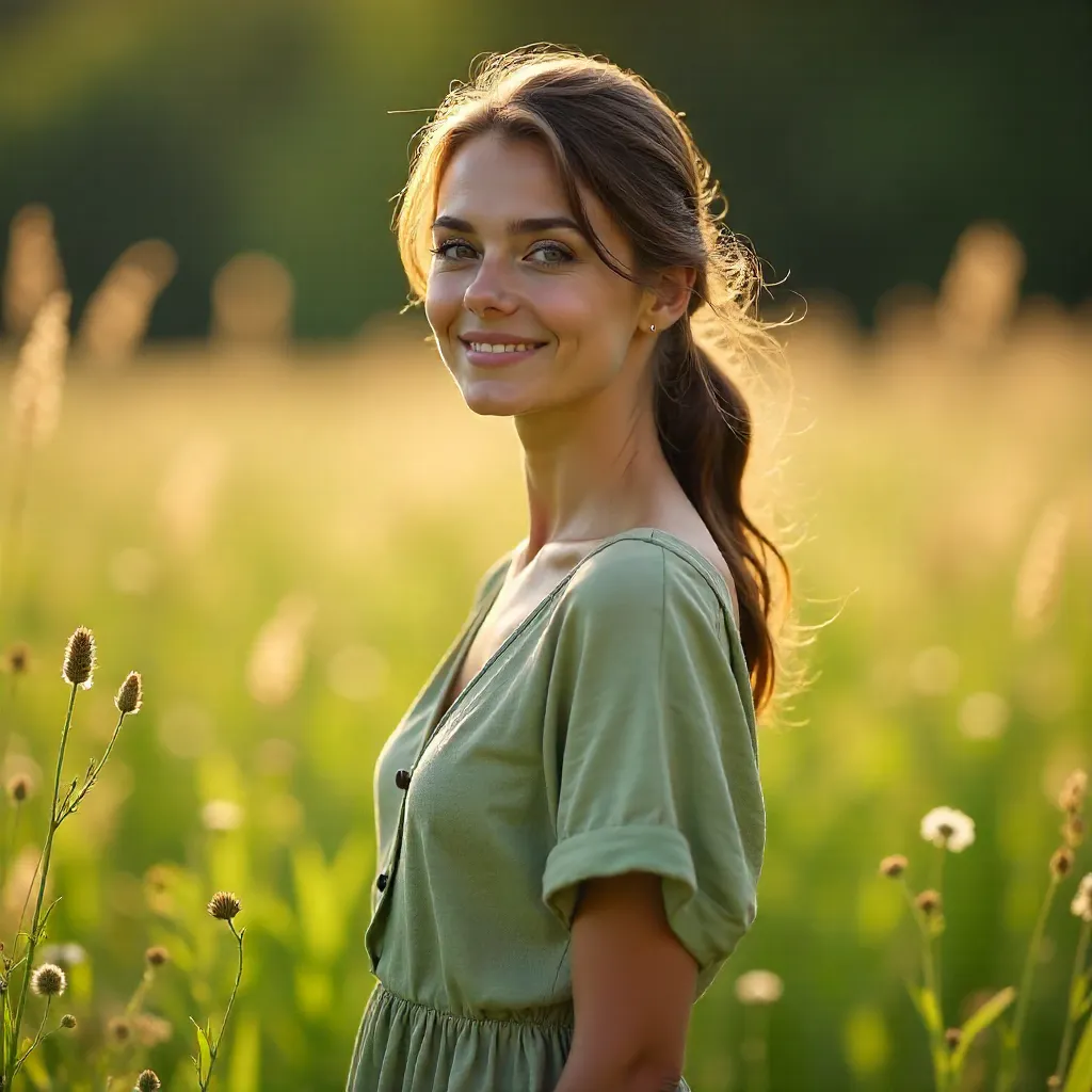 Serene Meadow Portrait of a Calm Woman
