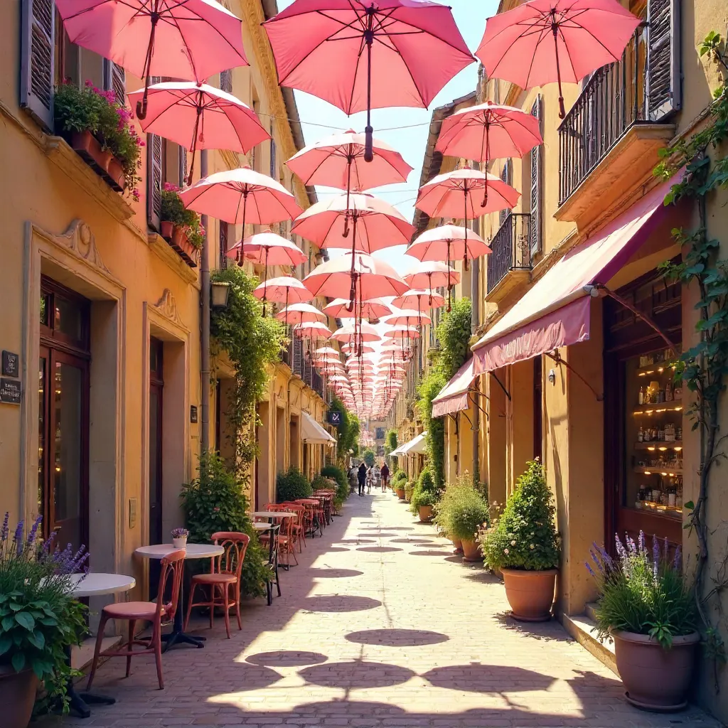 Grasse Street Under a Pink Umbrella Canopy
