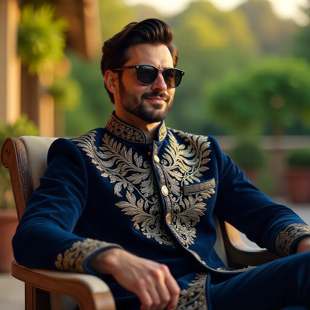 Sunny Terrace Portrait: Man in Sherwani with Sunglasses
