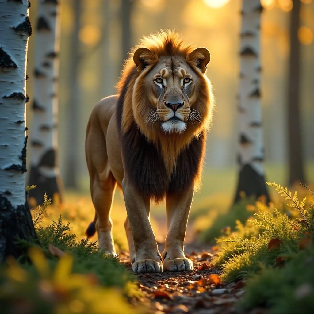 Majestic Lion in a Birch Forest (Photorealistic)