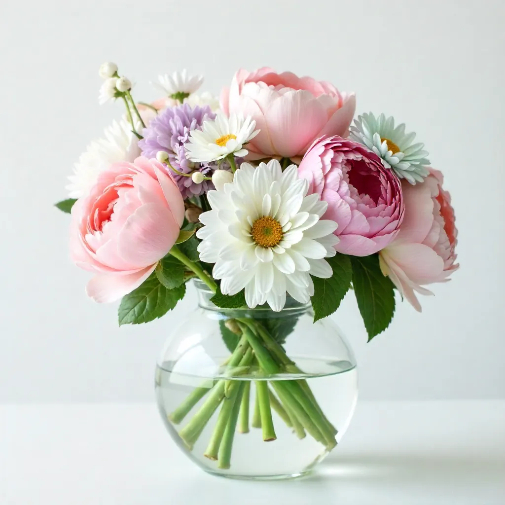 Pastel Flowers in a Clear Glass Vase on White