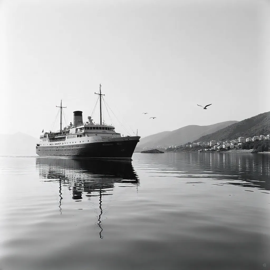 Serene Black-and-White Kusadasi Cruise Ship Scene