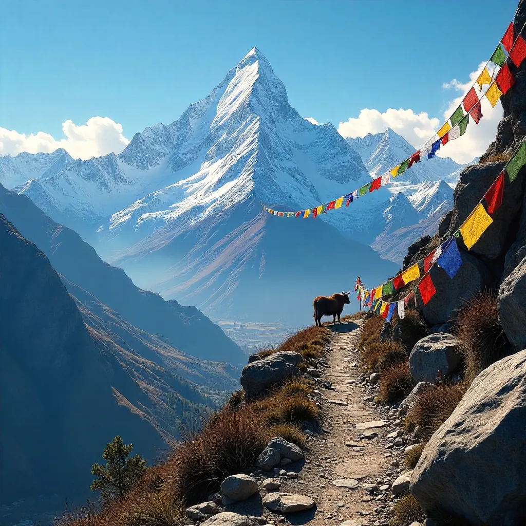 Prayer Flags Over the Nepal Himalayan Panorama