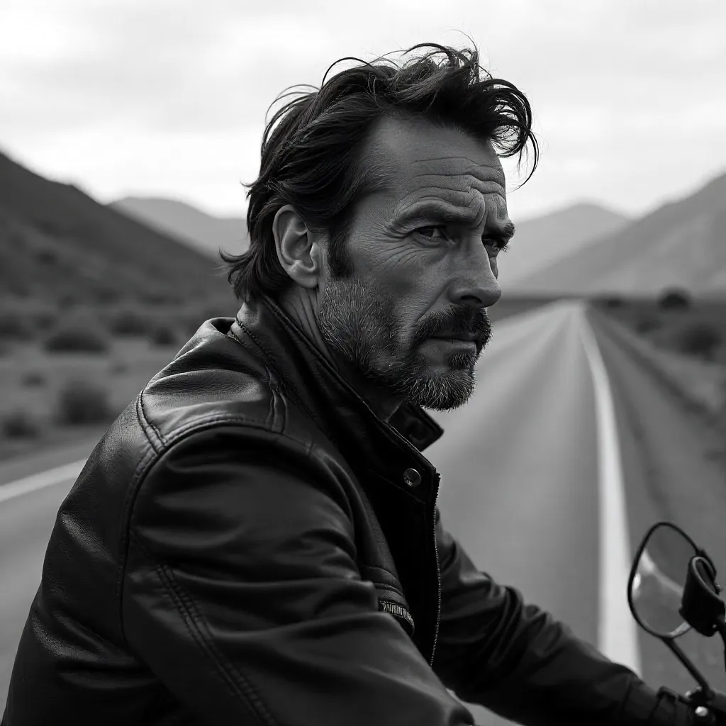 Monochrome Biker Portrait in Yamaha Leather Jacket