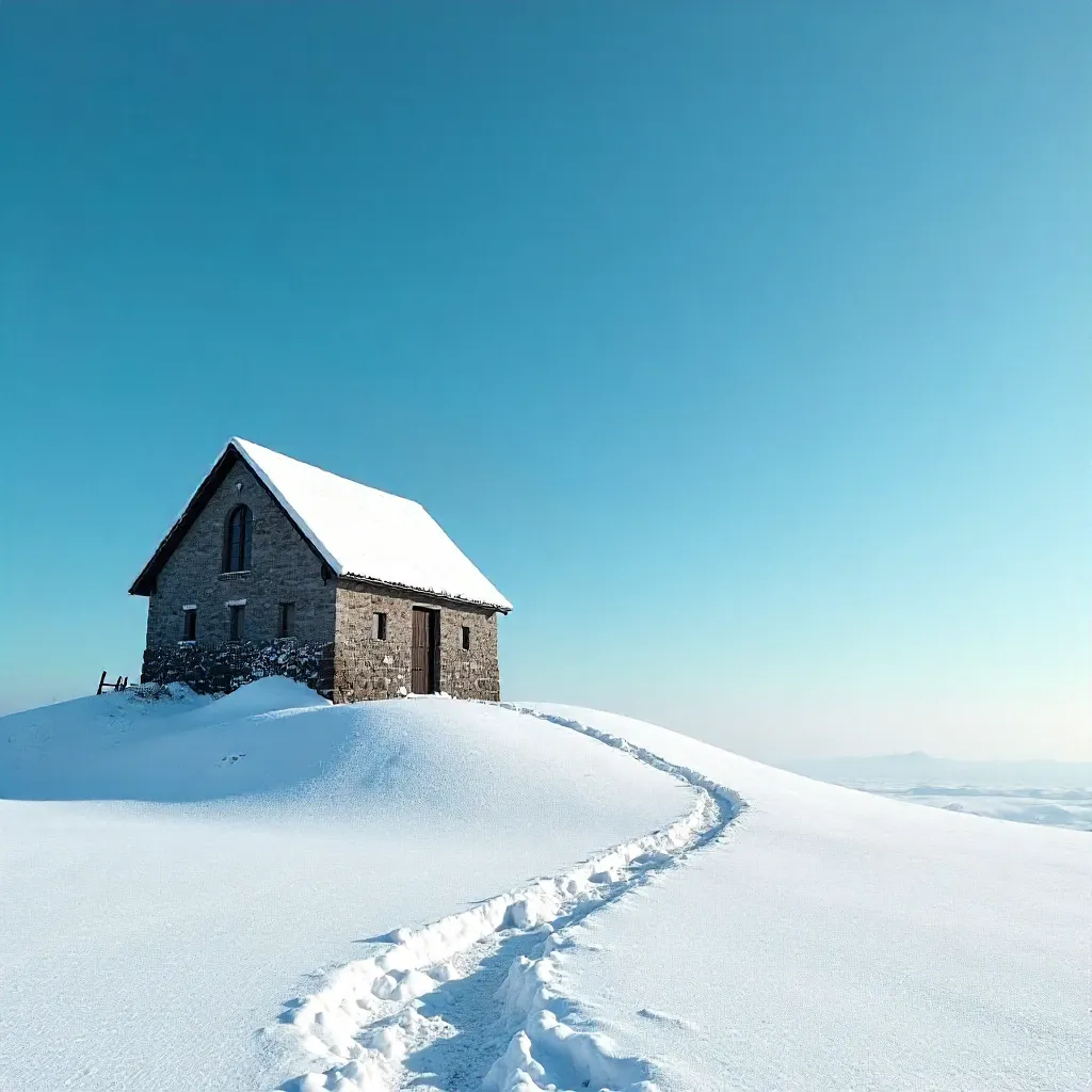 Lonely Building on a Snow-Covered Hill under a Clear Winter Sky