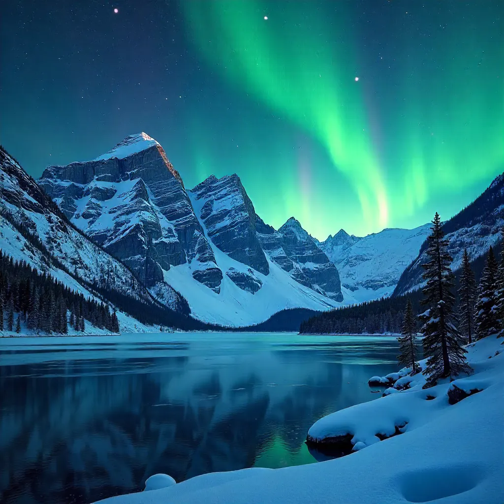 Aurora Over Snow-Capped Mountains at Night