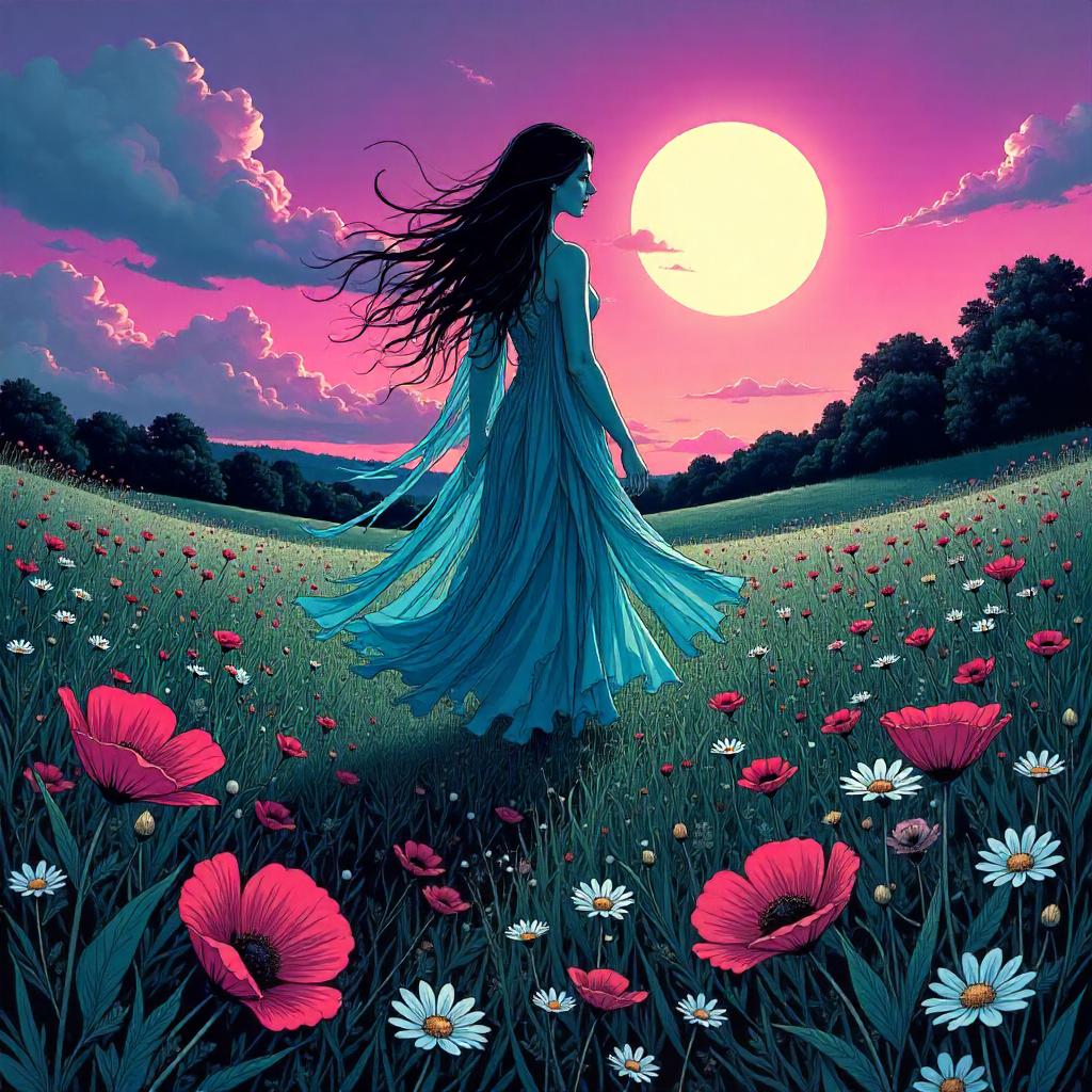 Banshee in a Comic-Style Field of Flowers