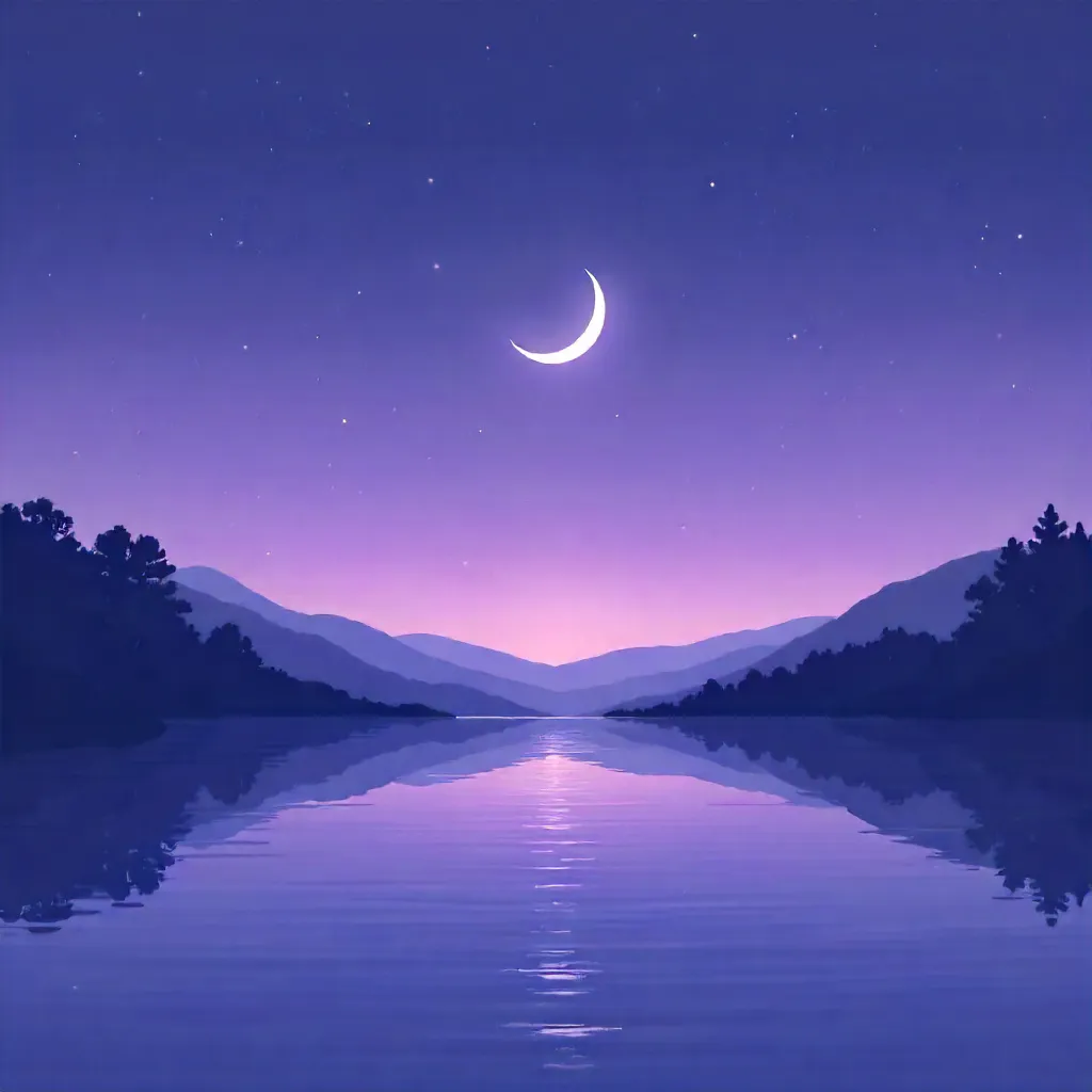 Thin Crescent Moon over Purple Twilight Calm