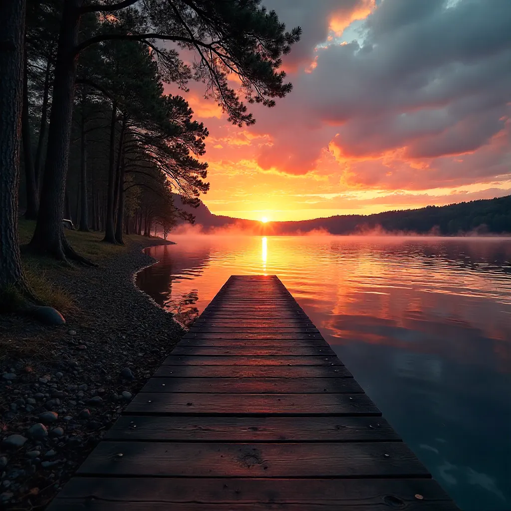 Dramatic Sunset over Tranquil Lakeside