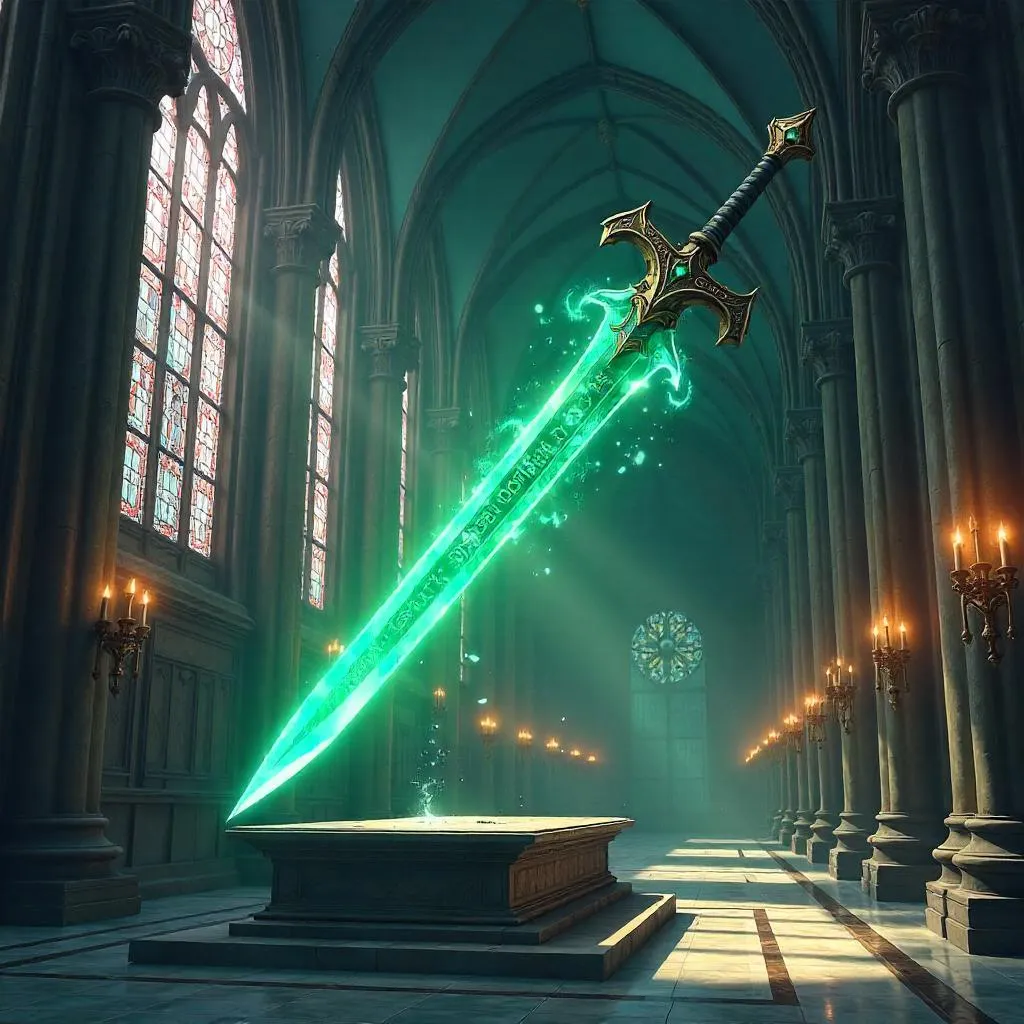 Enchanted Sword in a Cathedral: Anime Fantasy Scene