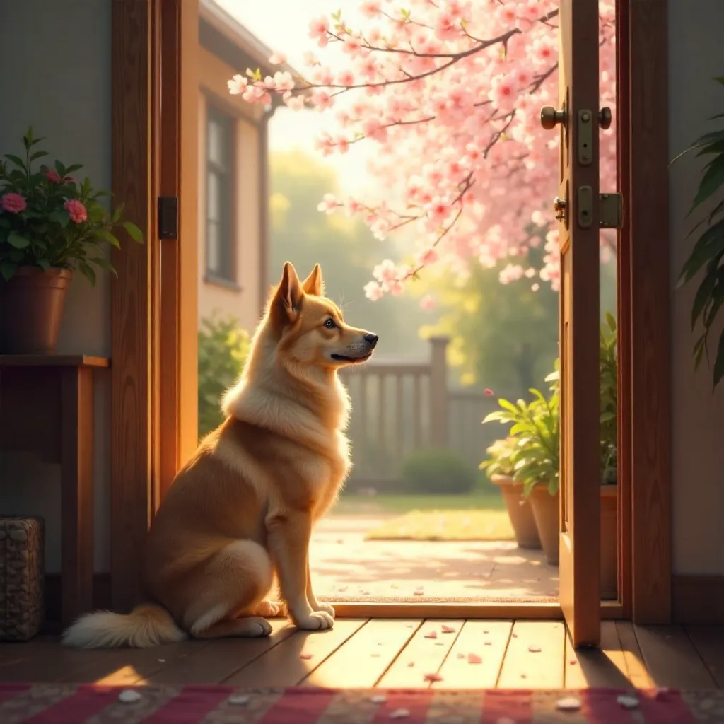 Dog Waiting at an Open Door Among Blossoming Trees