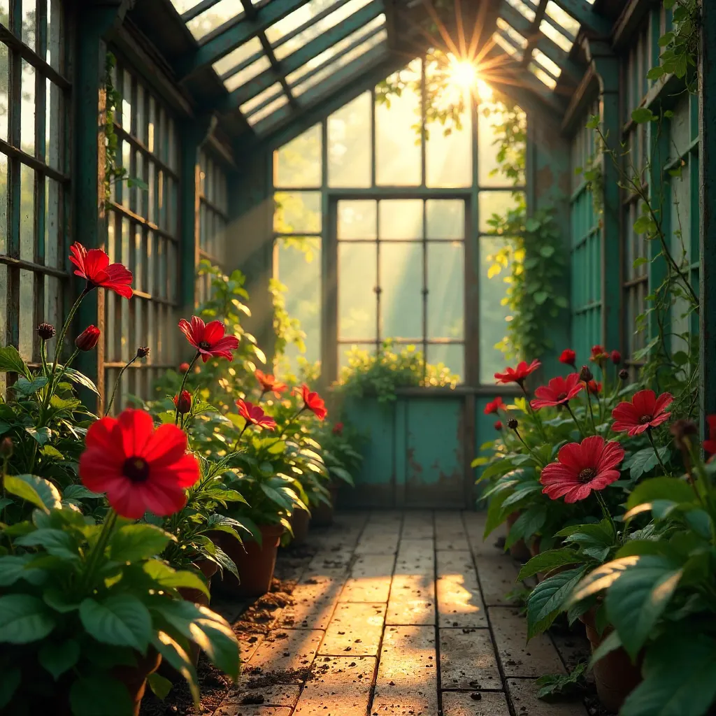 Crimson Blooms in a Sunlit Aged Greenhouse