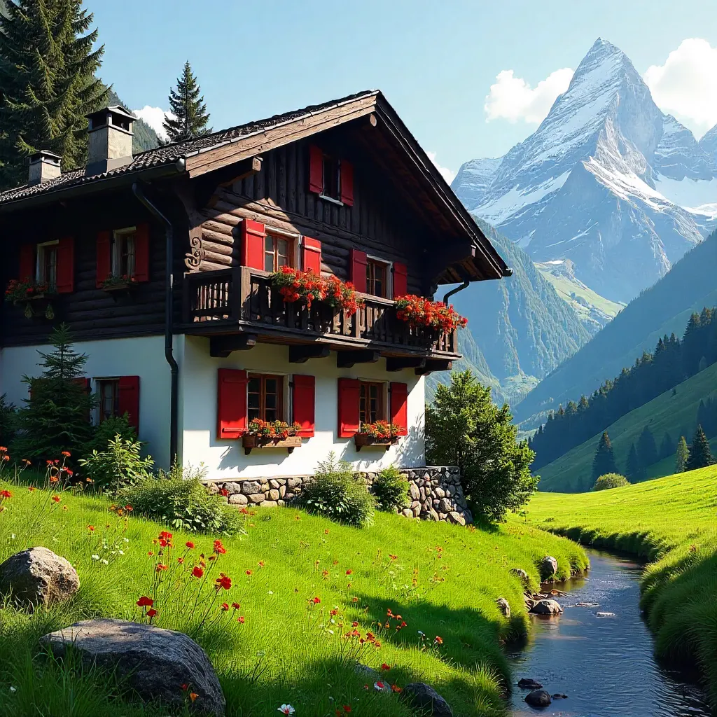 Chalet with Red Shutters in Grindelwald's Alpine Meadow
