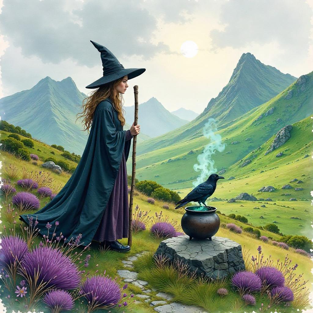 Witch in the Highland Mist: A Watercolor Tale