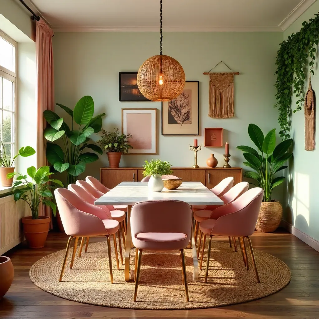 Vibrant Dining Space: Pink Chairs and Greenery