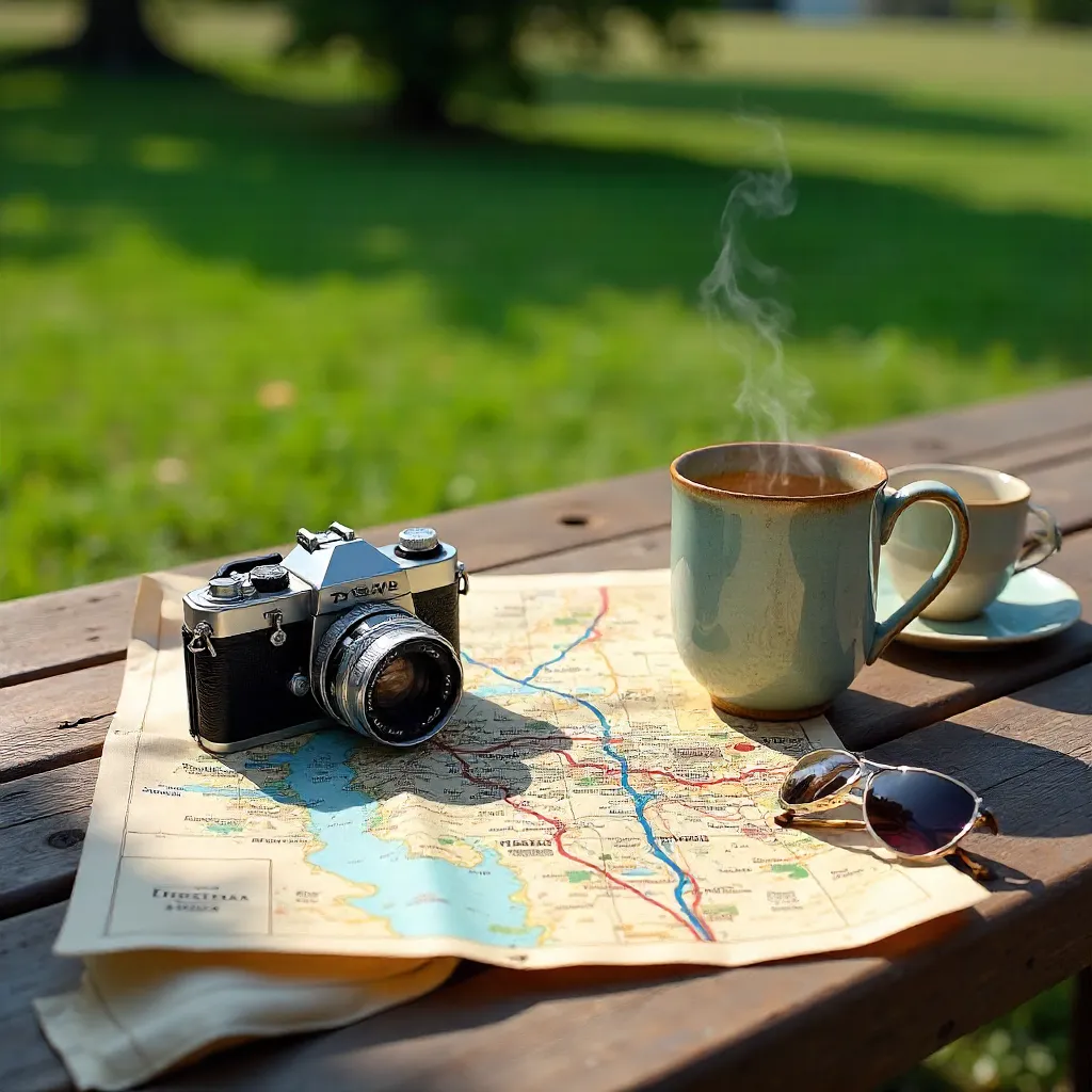 Sunlit Travel Map Still Life with Camera, Mug, Sunglasses