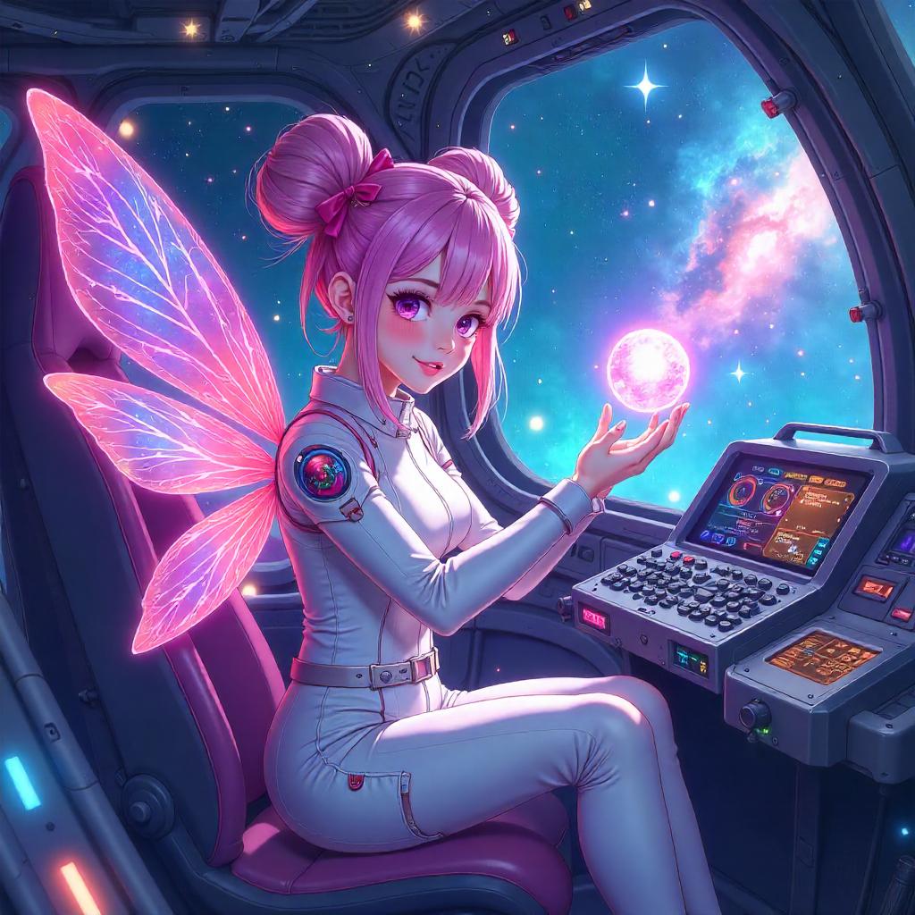 Celestial Fairy Aboard a Neon Space Vessel