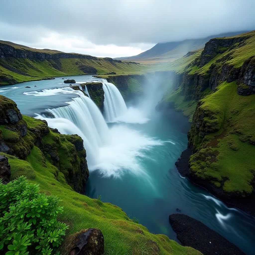 Mist-veiled Icelandic Waterfall over Mossy Cliffs