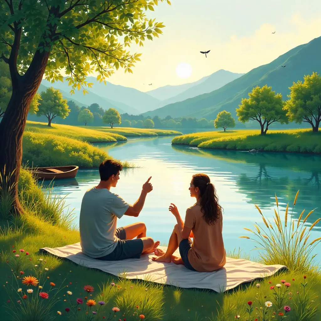 Two People by the River in a Serene Golden Hour