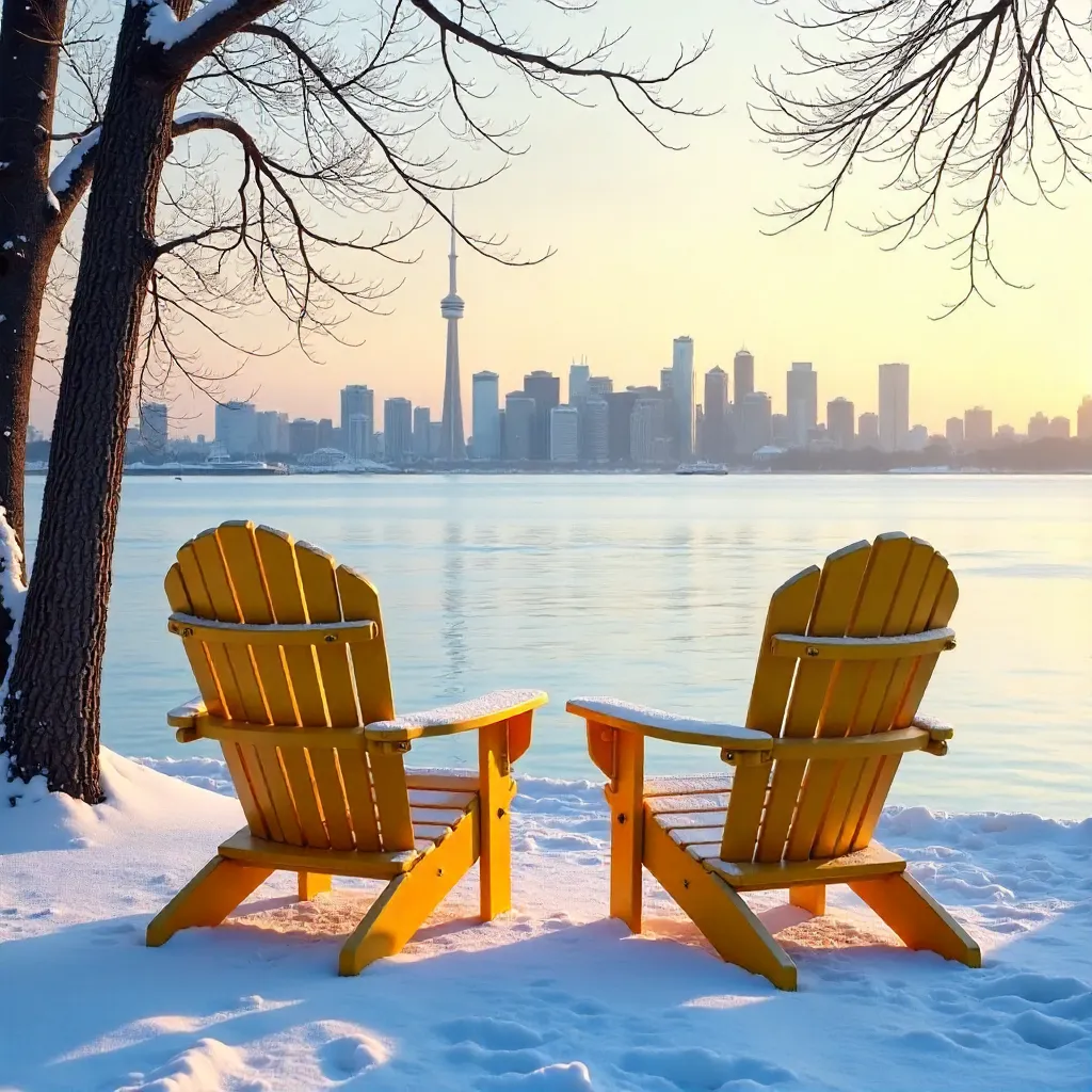 Snowy Muskoka Chairs Over Lake Ontario, Toronto