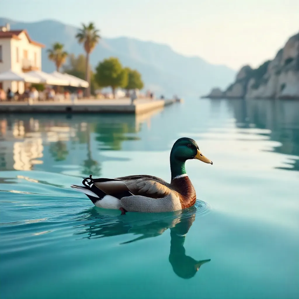 Serene Duck on Antalya's Reflective Waters