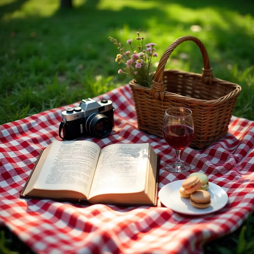 Vintage Picnic: Cameras, Book, Wine, and Desserts