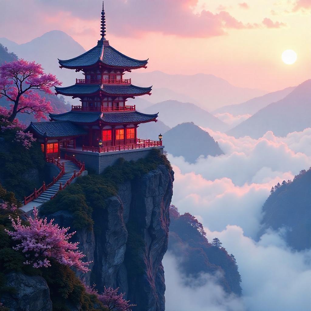 Cliffside Pagoda in Digital Dreamscape