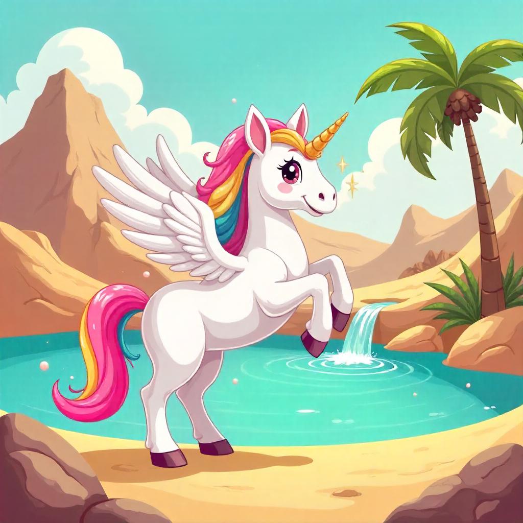 Cartoon Pegasus in an Oasis