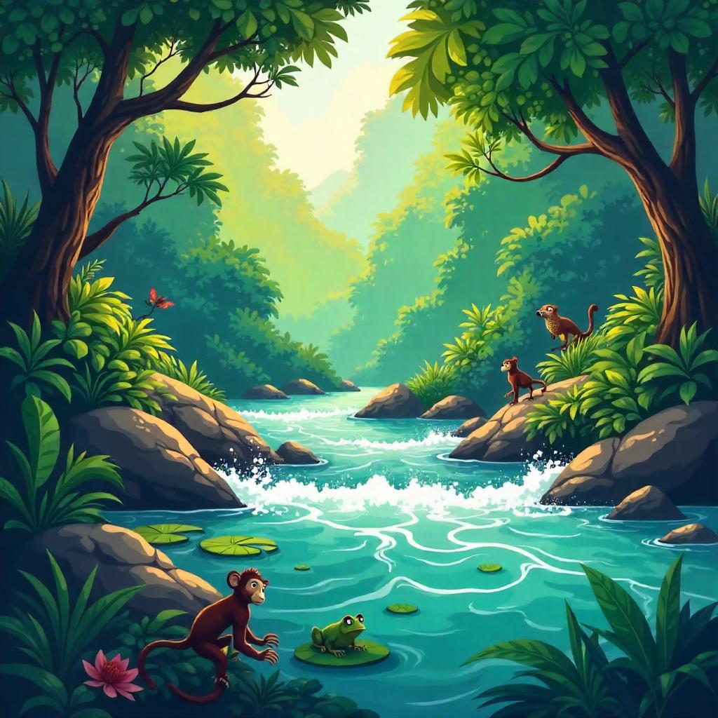 Vibrant Jungle Cartoon by a Rushing River