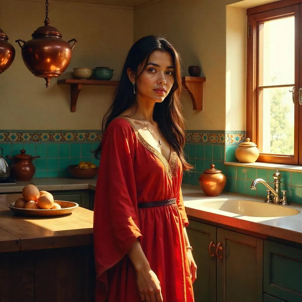 Sunlit Kitchen Portrait of a Middle Eastern Woman