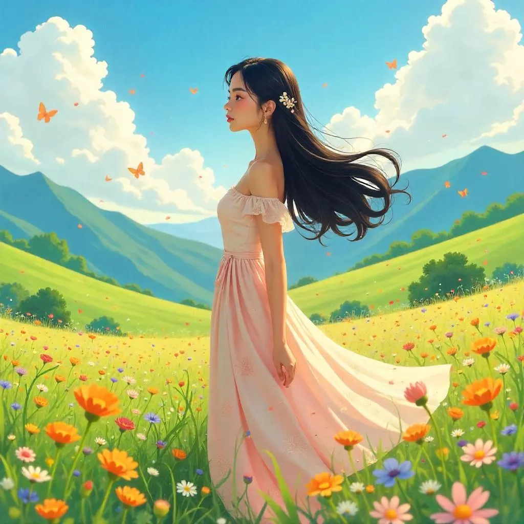 Elegant Asian Woman in an Anime Meadow