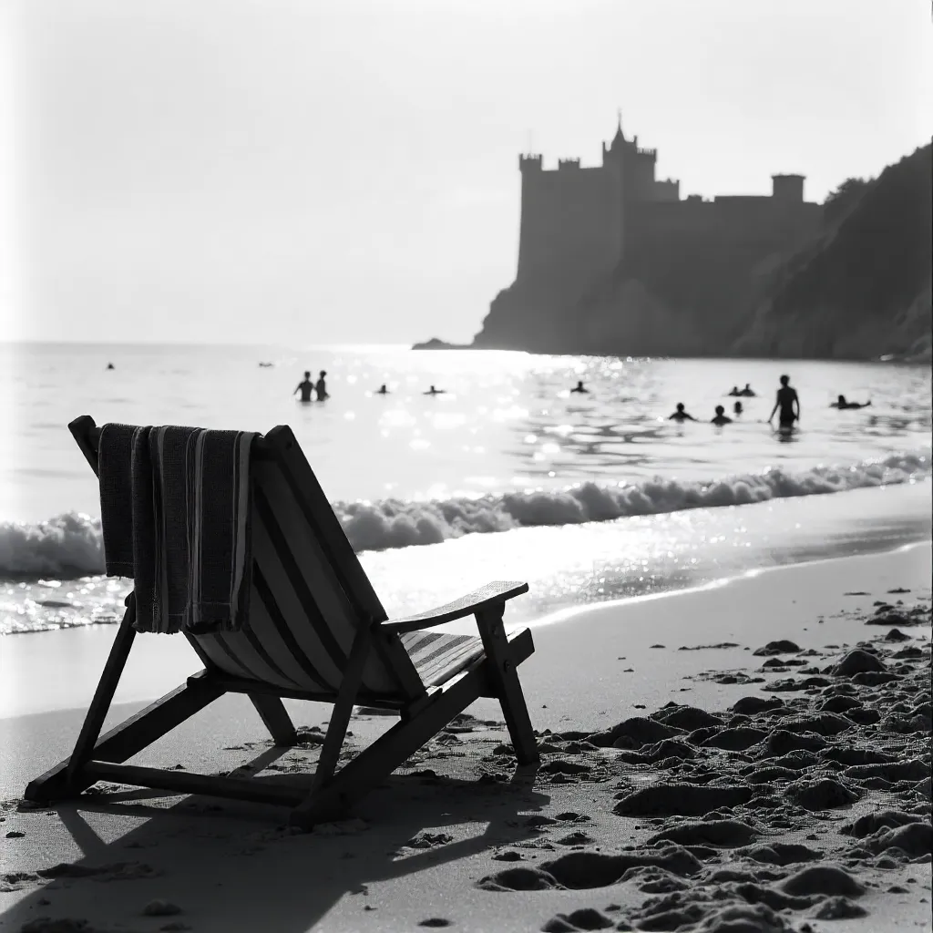 Monochrome Beach with Chair, Towel, Swimmers, Castle